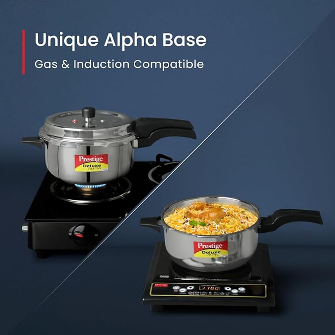 Prestige 5L Deluxe Alpha Svachh stainless steel Pressure Cooker|Outer lid|Ideal for 5-7 persons|Deep lid for spillage control|Gas & induction compatible|Silver
