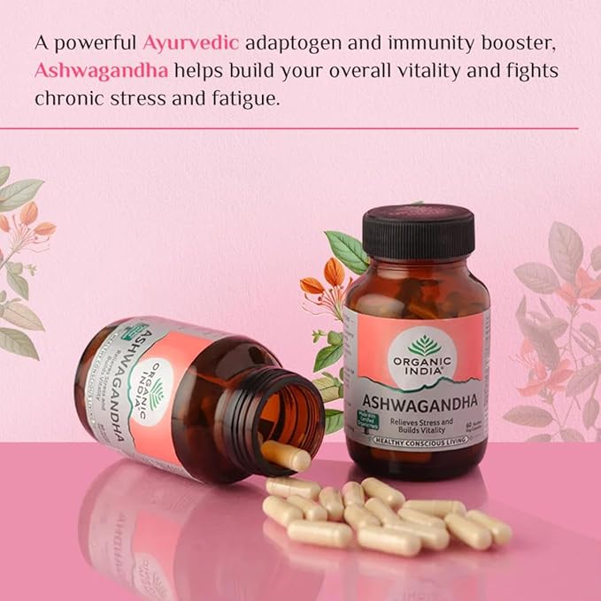 A TATA Product - Organic India Ashwagandha Capsules - 180 Veg Caps, GMP & NPOP Certified Organic