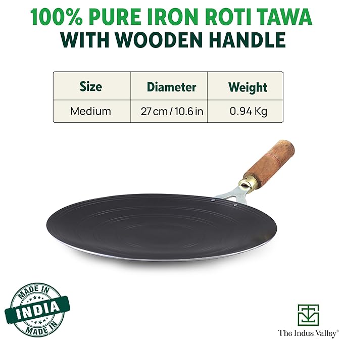 The Indus Valley Pre-Seasoned Iron Tawa for Dosa/Chapathi with Wooden Handle | 27cm/10.6 inch, 0.95kg | Gas Stove Friendly | 100% Pure & Toxin-Free, No Chemical Coating