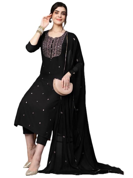 Women's Cotton Blend Embroidered Straight Kurta with Pant &amp; Dupatta