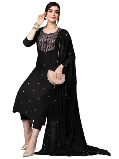 Women's Cotton Blend Embroidered Straight Kurta with Pant &amp; Dupatta