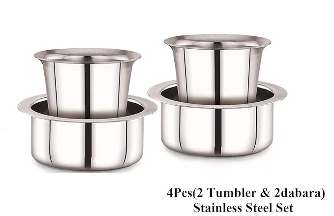 Stainless Steel Dabara Set | Tea, Coffee Dabara Set | South Indian Coffee Glass Tumbler Set of 4 | Serving Drinkware | Stainless Steel Dabara Tumbler Set, 200 ML Capacity