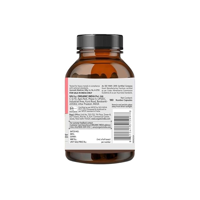 A TATA Product - Organic India Ashwagandha Capsules - 180 Veg Caps, GMP & NPOP Certified Organic