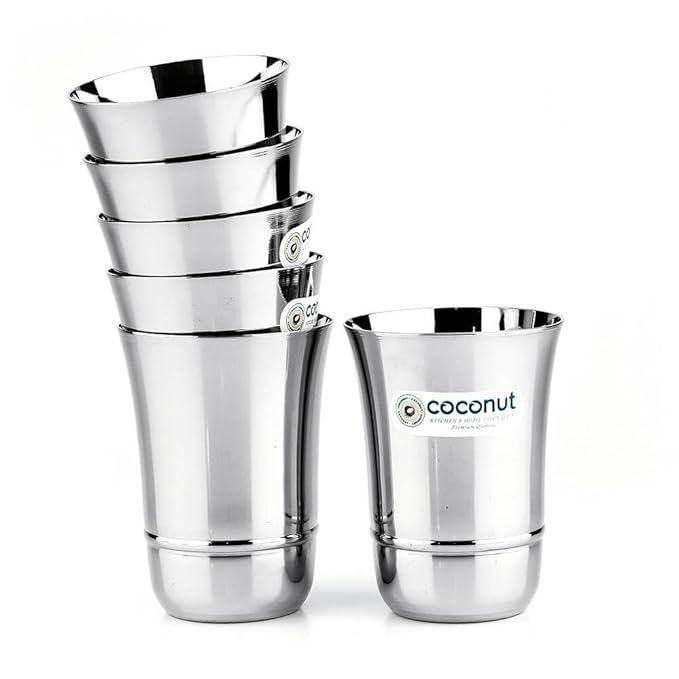 Stainless Steel - Glass Set for Home & Office | Ideal for Serving Water, Juice, Cold Drinks & Lemonade | Heavy Gauge & Mirror Finish | 300ml | Pack of 6