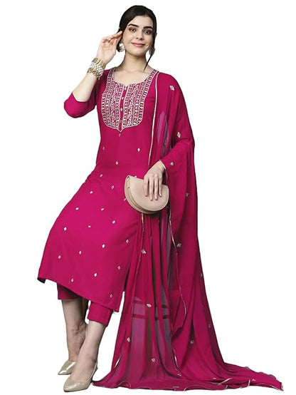 Women's Cotton Blend Embroidered Straight Kurta with Pant &amp; Dupatta