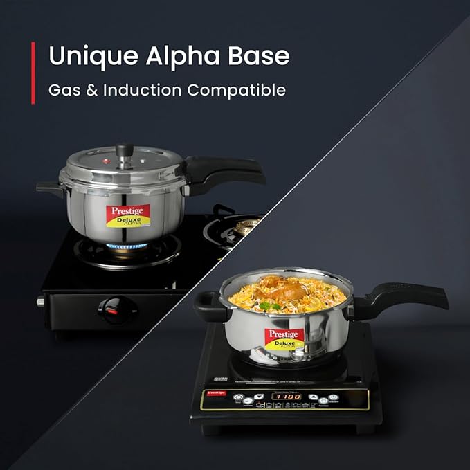 Prestige 3L Svachh Deluxe Alpha stainless steel Pressure Cooker|Outer lid|3-4 personsl|Deep lid for spillage control|Gas & induction compatible|Controlled GasketRelease System|Silver|10 years warranty