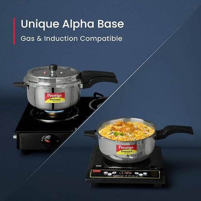 Prestige 5L Deluxe Alpha Svachh stainless steel Pressure Cooker|Outer lid|Ideal for 5-7 persons|Deep lid for spillage control|Gas & induction compatible|Silver