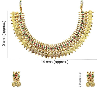 Traditional Red and Green Temple coin Ginni Choker Necklace Set/Jewellery Set with Earrings for Women