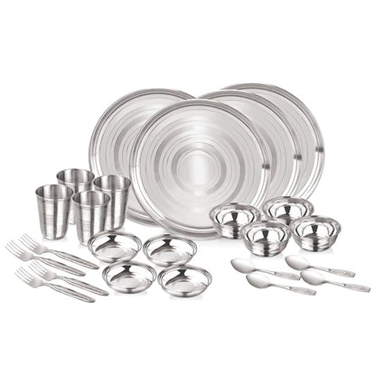 24-Pcs Floral Stainless Steel Dinner Set For 4 | Includes 4 Plates, 4 Bowls, 4 Dessert Plates, 4 Glasses, 4 Spoons & 4 Forks | Heavy-Duty Durable Steel Kitchen Utensils Set For Home