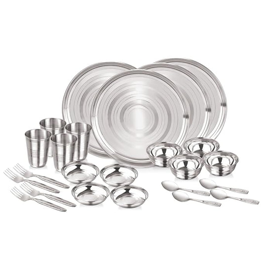 24-Pcs Floral Stainless Steel Dinner Set For 4 | Includes 4 Plates, 4 Bowls, 4 Dessert Plates, 4 Glasses, 4 Spoons & 4 Forks | Heavy-Duty Durable Steel Kitchen Utensils Set For Home