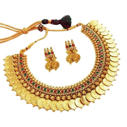 Traditional Red and Green Temple coin Ginni Choker Necklace Set/Jewellery Set with Earrings for Women