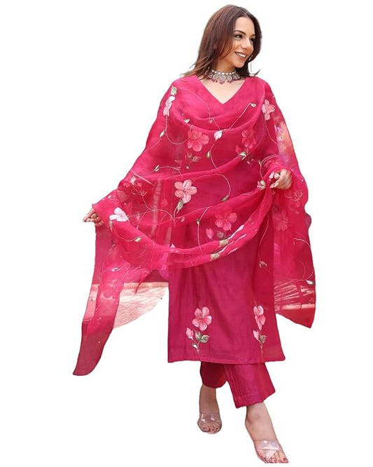 Women's Rayon Viscose Printed Straight Kurta with Pant & Dupatta