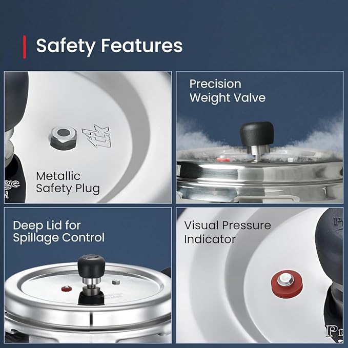Prestige 5L Deluxe Alpha Svachh stainless steel Pressure Cooker|Outer lid|Ideal for 5-7 persons|Deep lid for spillage control|Gas & induction compatible|Silver