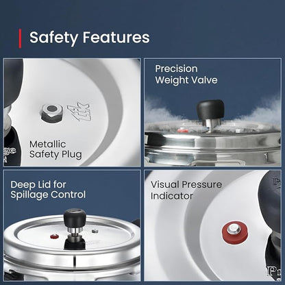 Prestige 5L Deluxe Alpha Svachh stainless steel Pressure Cooker|Outer lid|Ideal for 5-7 persons|Deep lid for spillage control|Gas & induction compatible|Silver