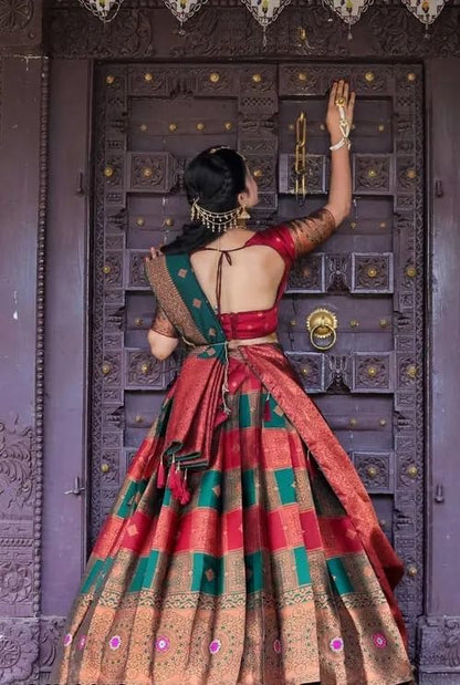 Silk Lehenga Choli Set - Traditional Indian Ethnic Wear with Dupatta & Unstitched Blouse (Dark Green & Red)