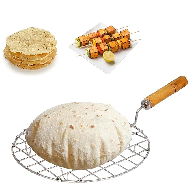 Papad Jali Roast, Paneer Grill, Roti Maker, Barbeque Round Jali Roaster Chapati Toast Grill Wooden Handle Vegetable tandoor net