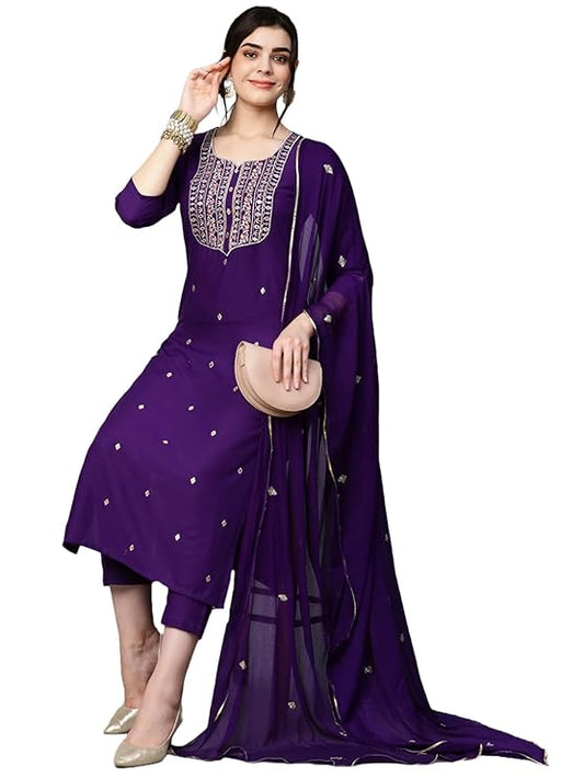 Women's Cotton Blend Embroidered Straight Kurta with Pant &amp; Dupatta