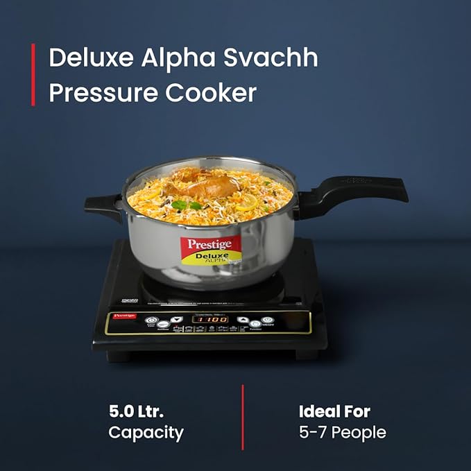 Prestige 5L Deluxe Alpha Svachh stainless steel Pressure Cooker|Outer lid|Ideal for 5-7 persons|Deep lid for spillage control|Gas & induction compatible|Silver