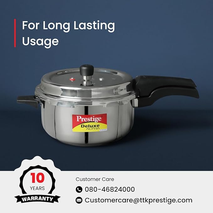 Prestige 5L Deluxe Alpha Svachh stainless steel Pressure Cooker|Outer lid|Ideal for 5-7 persons|Deep lid for spillage control|Gas & induction compatible|Silver