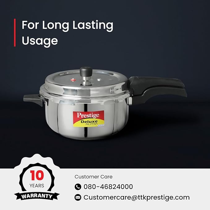 Prestige 3L Svachh Deluxe Alpha stainless steel Pressure Cooker|Outer lid|3-4 personsl|Deep lid for spillage control|Gas & induction compatible|Controlled GasketRelease System|Silver|10 years warranty