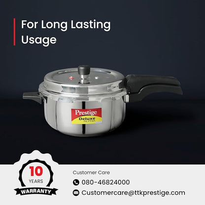 Prestige 3L Svachh Deluxe Alpha stainless steel Pressure Cooker|Outer lid|3-4 personsl|Deep lid for spillage control|Gas & induction compatible|Controlled GasketRelease System|Silver|10 years warranty