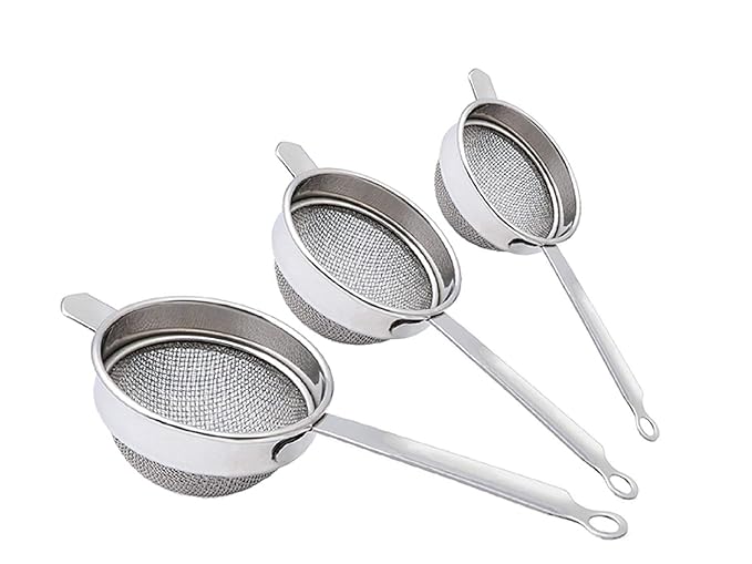 Stainless Steel Tea Strainer Chalni Double Mesh Last Long Set of 3 Pcs (8,9,10 cm) Code-003, Silver, Standard (Chalni12)