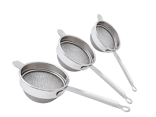 Stainless Steel Tea Strainer Chalni Double Mesh Last Long Set of 3 Pcs (8,9,10 cm) Code-003, Silver, Standard (Chalni12)