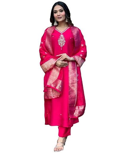 Women's Silk Blend Straight Embroidered Kurta with Pant & Dupatta