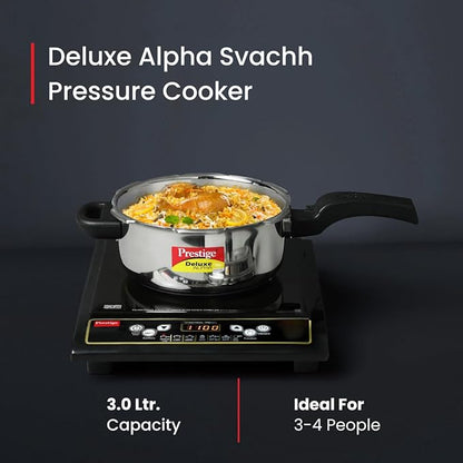 Prestige 3L Svachh Deluxe Alpha stainless steel Pressure Cooker|Outer lid|3-4 personsl|Deep lid for spillage control|Gas & induction compatible|Controlled GasketRelease System|Silver|10 years warranty
