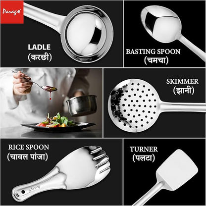 5 Pieces Stainless Steel Kitchen Tools Set for Kitchen Cooking and Serving, Pack of 5, Ladle(Karchhi), Skimmer(Jhara), Turner/Spatula (Palta), Basting and Rice Spoon, Silver