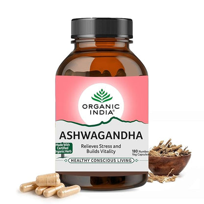 A TATA Product - Organic India Ashwagandha Capsules - 180 Veg Caps, GMP & NPOP Certified Organic