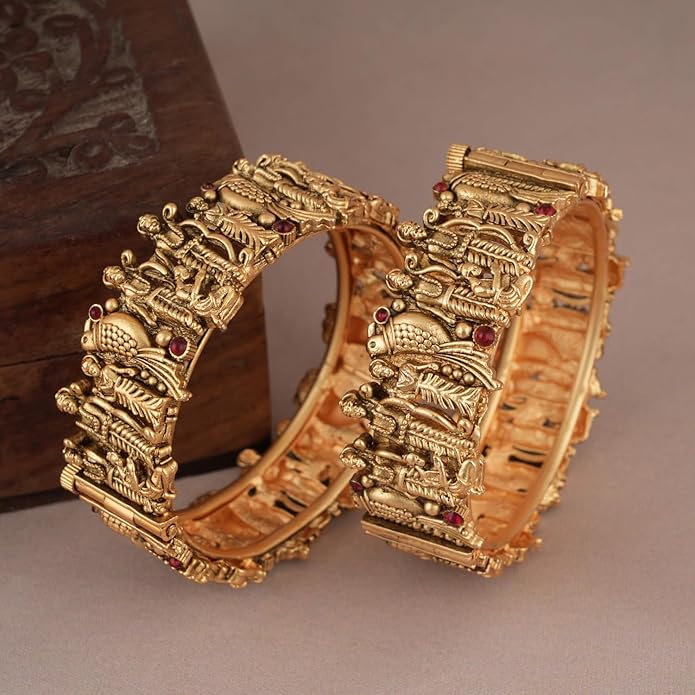 Shining Diva Fashion 18k Gold Plated Lord Ram Sita Bangles for Women | Set of 2 Bangles Set | Latest Stylish Traditional Kada Bangles | Just Like Real Gold Jewellery | Ram Parivar Temple Bangles