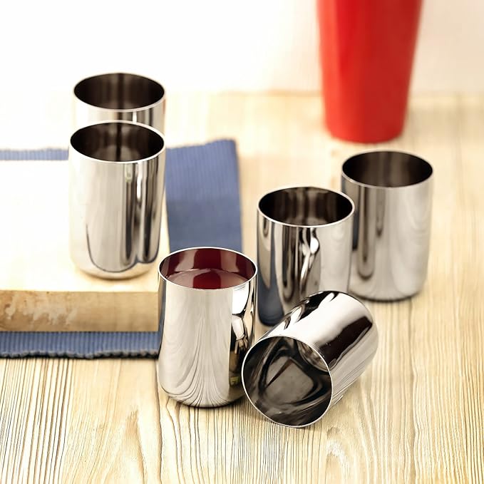 Kraft Stainless Steel Glasses Set of 6 for Water - 300ml Each, Mirror Polish, Food Grade Steel Glass, Scratch Resistant, Serving Glass for Water and Juice - 2 Year Warranty