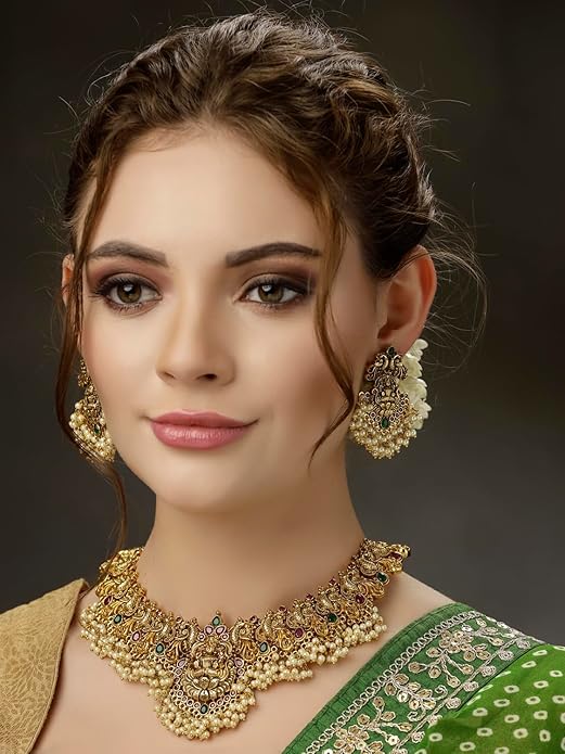 Shining Diva Fashion Latest Stylish Fancy Pearl Choker Traditional Jewellery Set for Women | Temple Necklace Set | Festive Wedding Party Necklace | 22k Gold Plated | Just Like Original Gold Jewellery