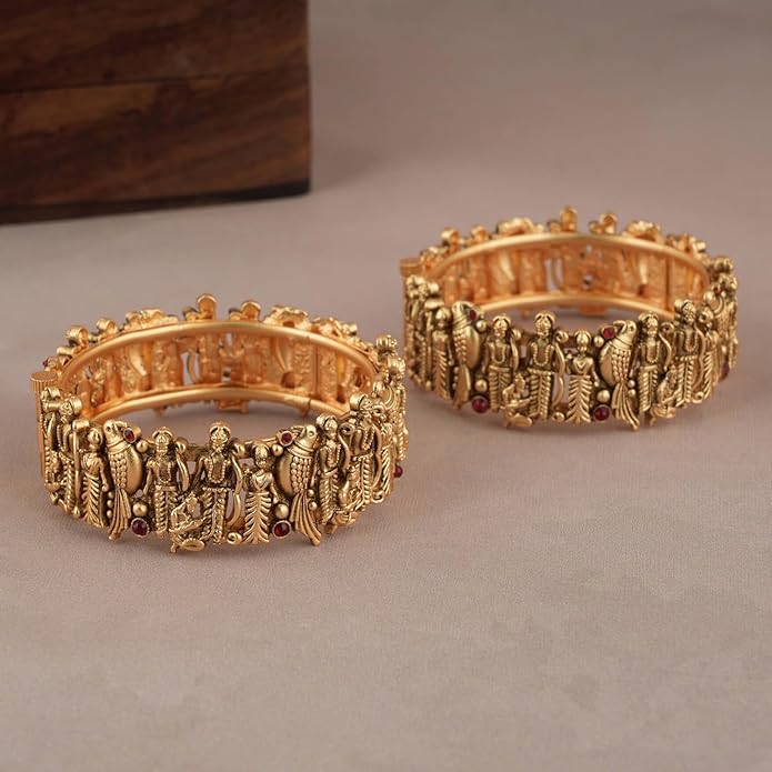 Shining Diva Fashion 18k Gold Plated Lord Ram Sita Bangles for Women | Set of 2 Bangles Set | Latest Stylish Traditional Kada Bangles | Just Like Real Gold Jewellery | Ram Parivar Temple Bangles