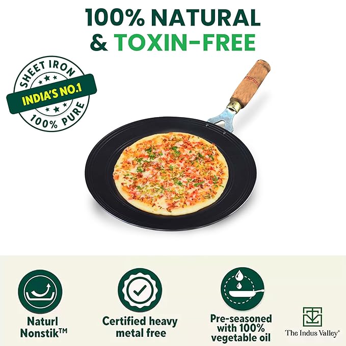 The Indus Valley Pre-Seasoned Iron Tawa for Dosa/Chapathi with Wooden Handle | 27cm/10.6 inch, 0.95kg | Gas Stove Friendly | 100% Pure & Toxin-Free, No Chemical Coating