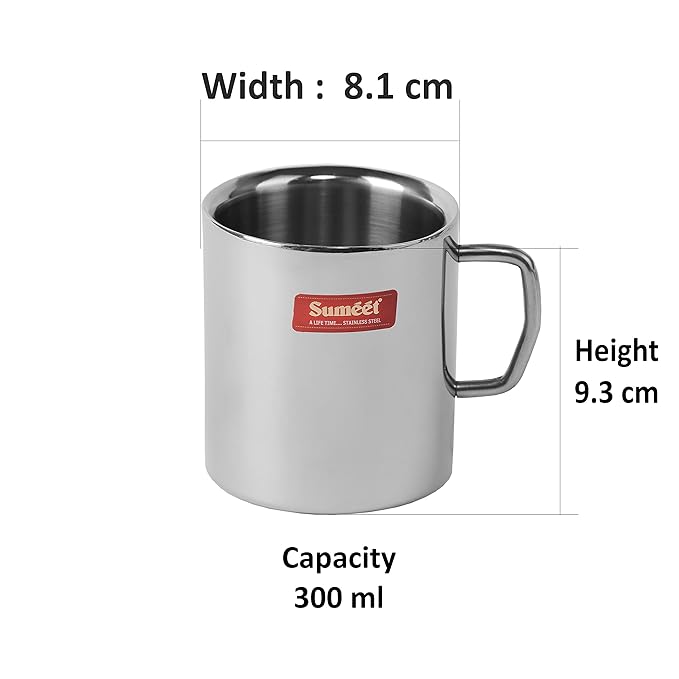 Stainless Steel Double Wall Tea and Coffee Big Mug set of 2Pcs (300 Ml Each)