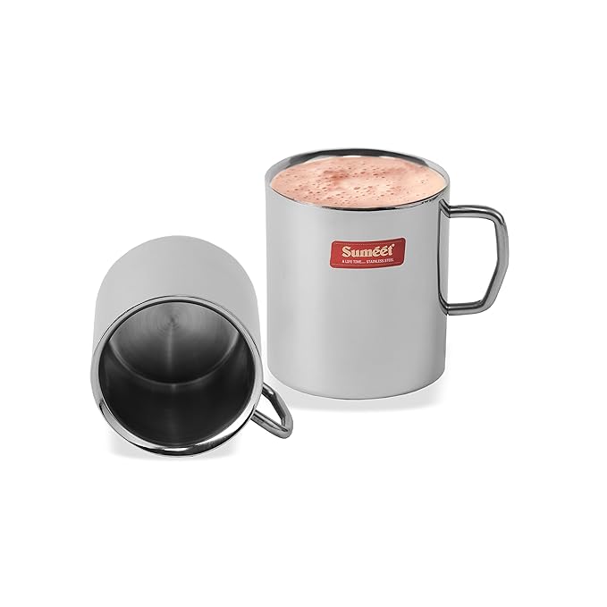 Stainless Steel Double Wall Tea and Coffee Big Mug set of 2Pcs (300 Ml Each)