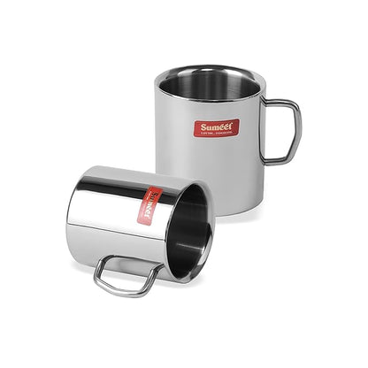 Stainless Steel Double Wall Tea and Coffee Big Mug set of 2Pcs (300 Ml Each)