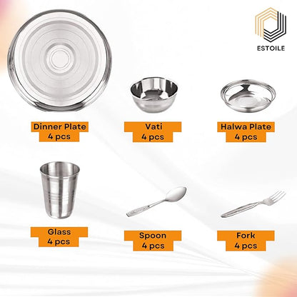 24-Pcs Floral Stainless Steel Dinner Set For 4 | Includes 4 Plates, 4 Bowls, 4 Dessert Plates, 4 Glasses, 4 Spoons & 4 Forks | Heavy-Duty Durable Steel Kitchen Utensils Set For Home