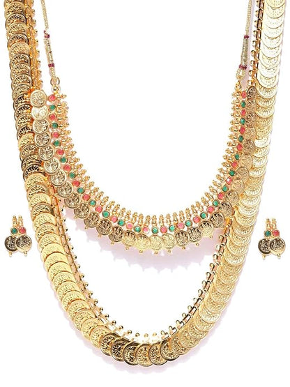 Gold Plated Long Traditional Coin Necklace set and Red Green Choker necklace Jewellery Set with Earrings for Girls and Women