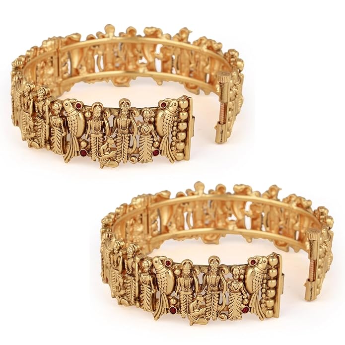 Shining Diva Fashion 18k Gold Plated Lord Ram Sita Bangles for Women | Set of 2 Bangles Set | Latest Stylish Traditional Kada Bangles | Just Like Real Gold Jewellery | Ram Parivar Temple Bangles