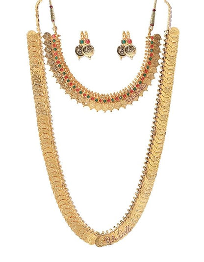 Gold Plated Long Traditional Coin Necklace set and Red Green Choker necklace Jewellery Set with Earrings for Girls and Women
