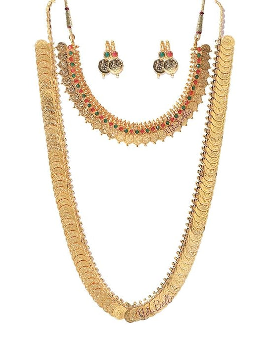 Gold Plated Long Traditional Coin Necklace set and Red Green Choker necklace Jewellery Set with Earrings for Girls and Women
