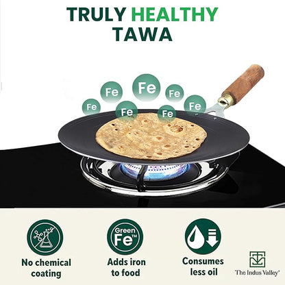 The Indus Valley Pre-Seasoned Iron Tawa for Dosa/Chapathi with Wooden Handle | 27cm/10.6 inch, 0.95kg | Gas Stove Friendly | 100% Pure & Toxin-Free, No Chemical Coating