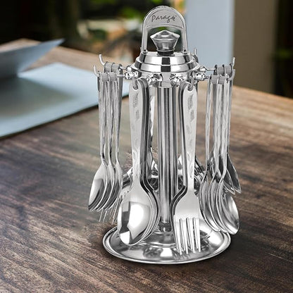 24 Pieces Lily Cutlery Set Stainless Steel with Stand (Contains 6 Dinner Spoons, 6 Tea Spoon, 6 Dinner Fork, 6 Soup Spoons, 1 Stand) Spoon Set for Dining Table Stylish, Mirror Polished