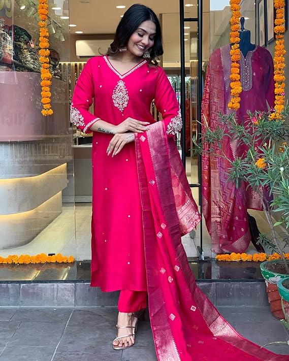 Women's Silk Blend Straight Embroidered Kurta with Pant & Dupatta