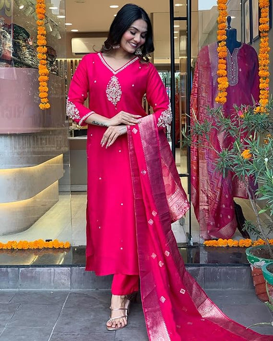 Women's Silk Blend Straight Embroidered Kurta with Pant & Dupatta