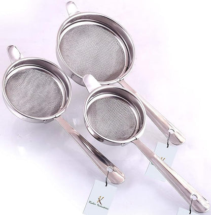 Stainless Steel Tea Strainer Chalni Double Mesh Last Long Set of 3 Pcs (8,9,10 cm) Code-003, Silver, Standard (Chalni12)