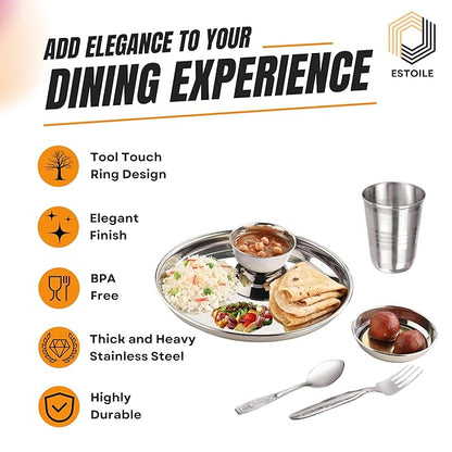 24-Pcs Floral Stainless Steel Dinner Set For 4 | Includes 4 Plates, 4 Bowls, 4 Dessert Plates, 4 Glasses, 4 Spoons & 4 Forks | Heavy-Duty Durable Steel Kitchen Utensils Set For Home